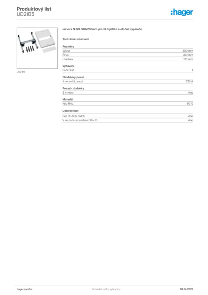 Obrázek Hager Product data sheet UD21B5 | Hager