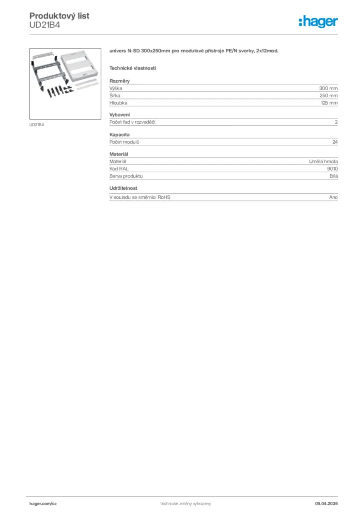 Obrázek Hager Product data sheet UD21B4 | Hager