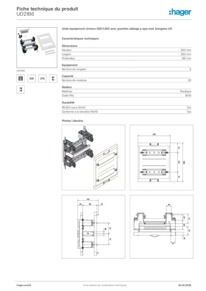 Image Hager Fiche technique du produit UD21B6 | Hager France