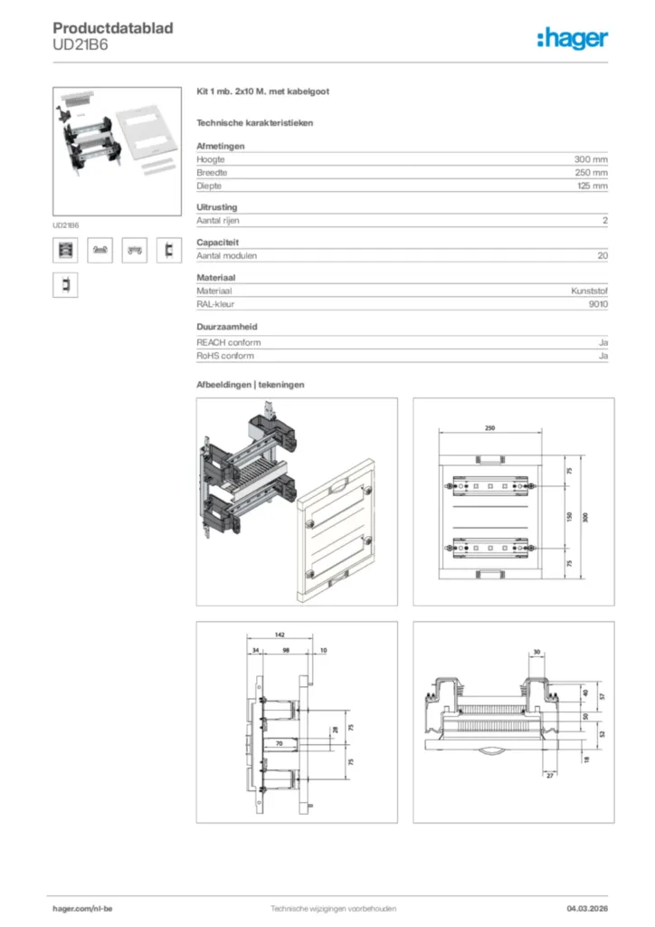 Afbeelding Hager Productdatablad UD21B6 | Hager Belgium