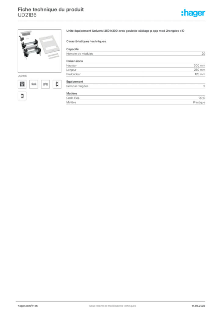 Image Hager Fiche technique du produit UD21B6 | Hager Suisse
