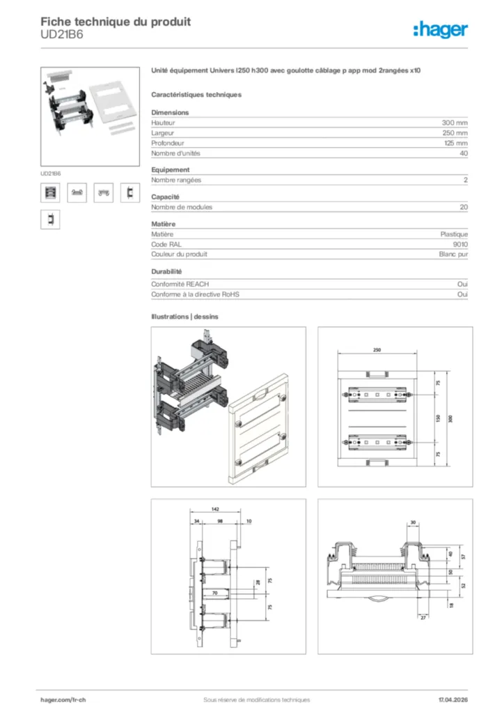 Image Hager Fiche technique du produit UD21B6 | Hager Suisse