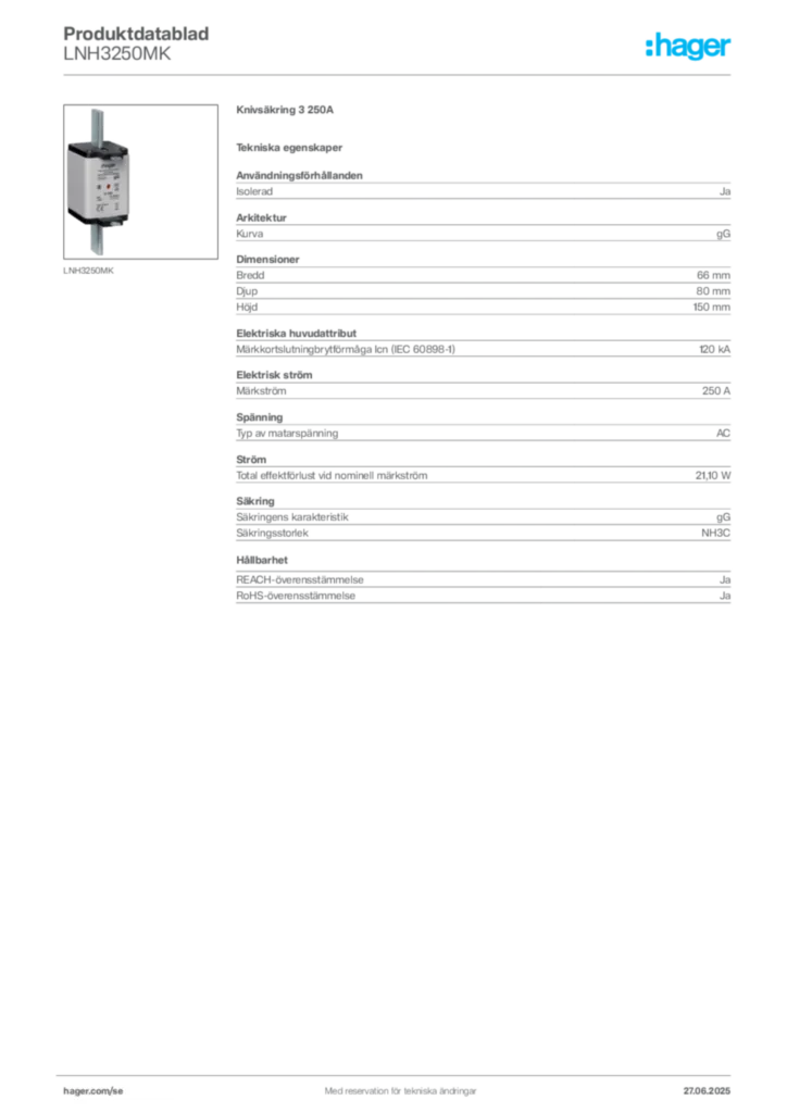 Bild Hager Produktdatablad LNH3250MK | Hager Sverige