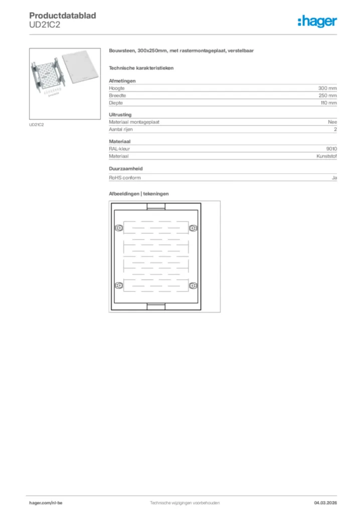 Afbeelding Hager Productdatablad UD21C2 | Hager Belgium