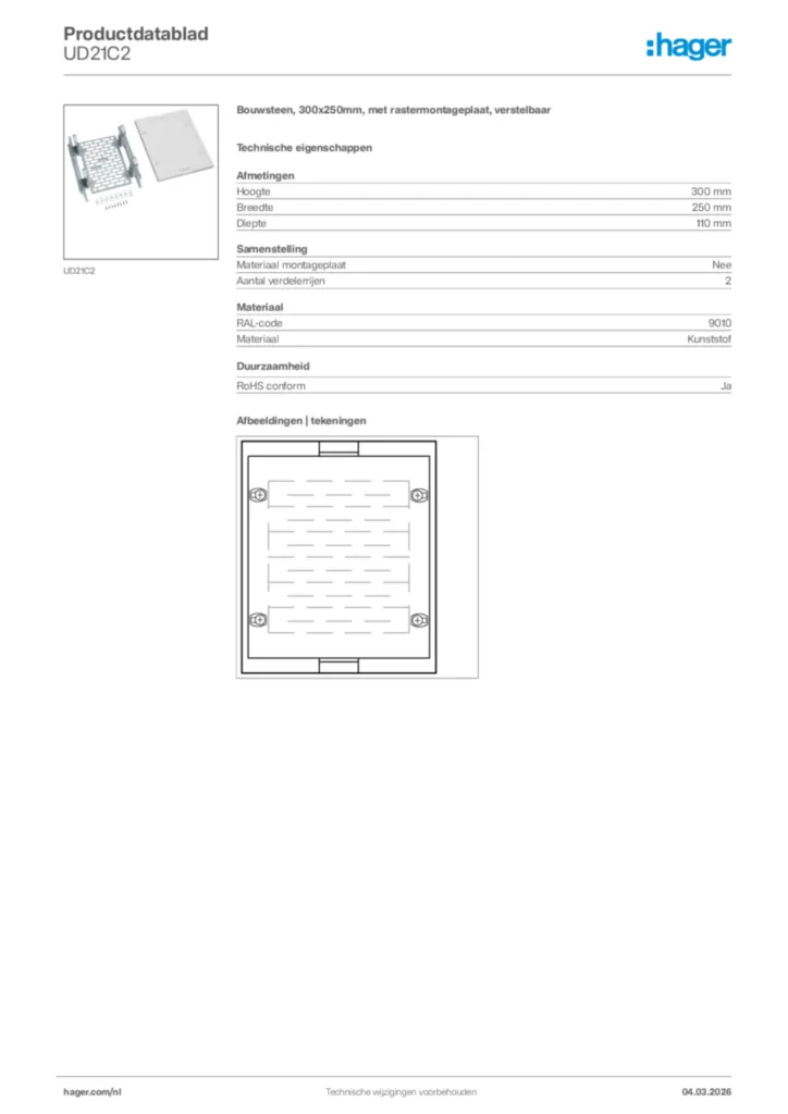 Afbeelding Hager Productdatablad UD21C2 | Hager Nederland