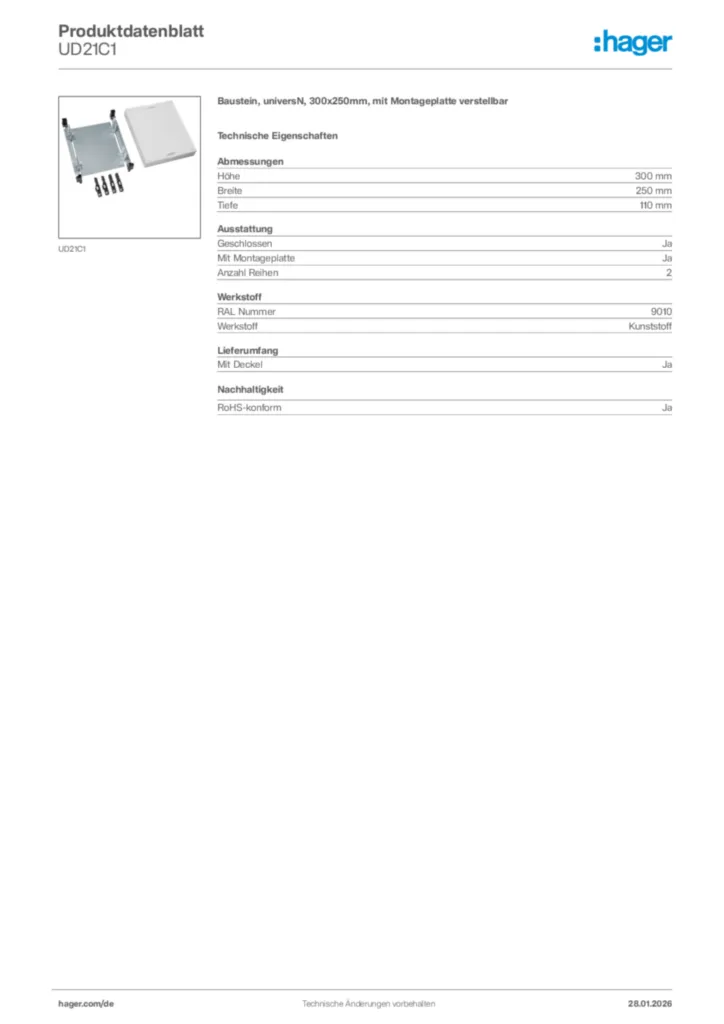 Hager Produktdatenblatt UD21C1