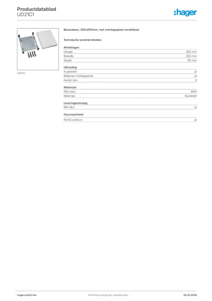 Afbeelding Hager Productdatablad UD21C1 | Hager Belgium