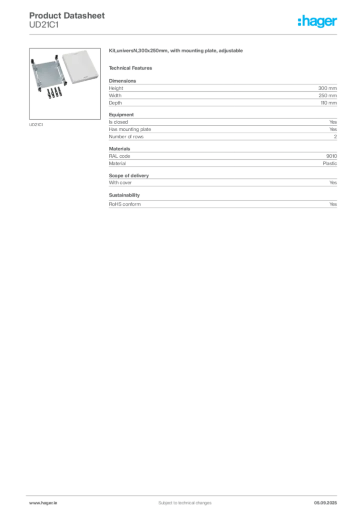 Image Hager Product data sheet UD21C1  | Hager