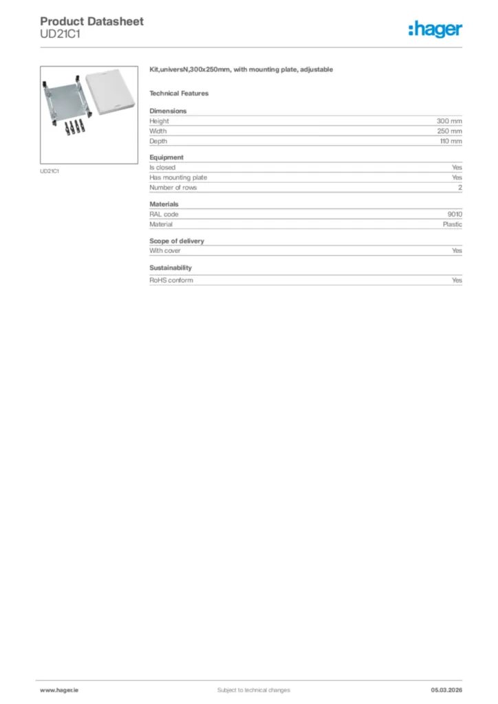 Image Hager Product data sheet UD21C1  | Hager