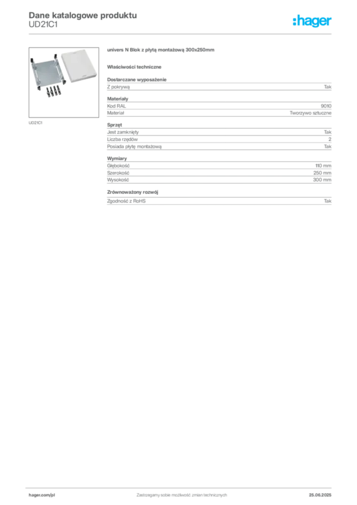 Zdjęcie Hager Dane katalogowe produktu UD21C1 | Hager Polska