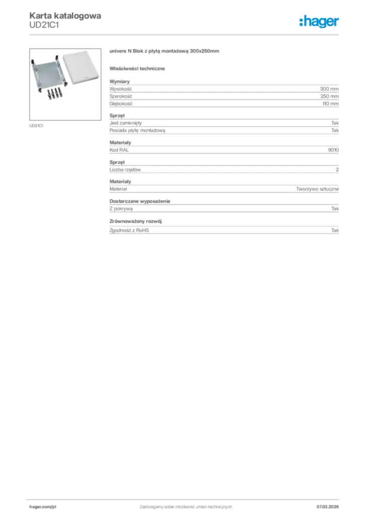 Zdjęcie Hager Karta katalogowa UD21C1 | Hager Polska