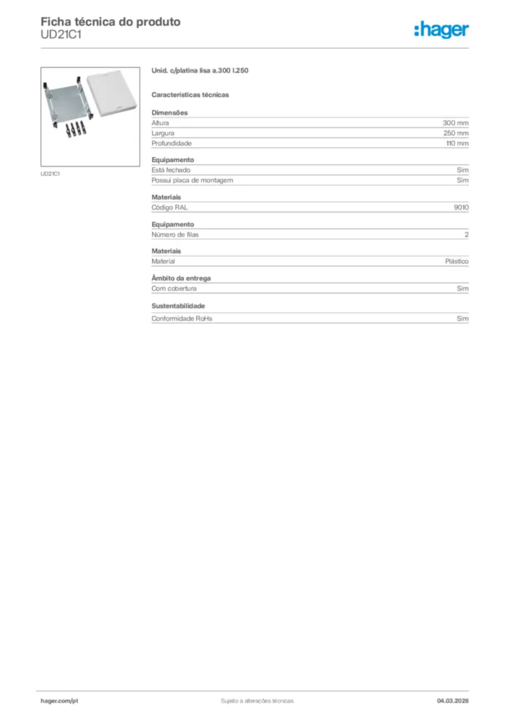 Imagem Hager Ficha técnica do produto UD21C1 | Hager Portugal