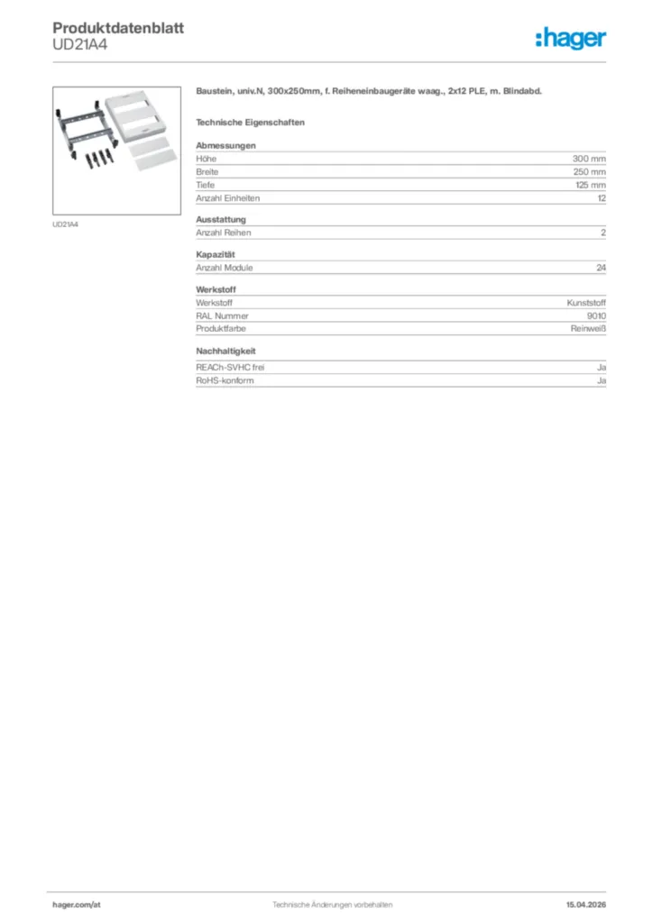 Bild Hager Produktdatenblatt UD21A4 | Hager Deutschland
