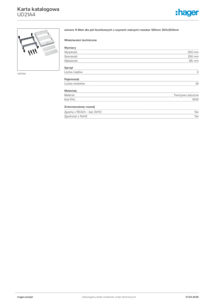 Zdjęcie Hager Karta katalogowa UD21A4 | Hager Polska