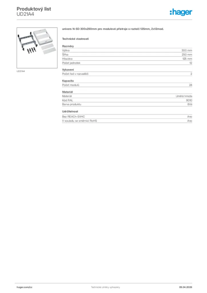 Obrázek Hager Product data sheet UD21A4 | Hager