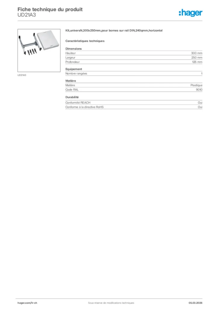 Image Hager Fiche technique du produit UD21A3 | Hager Suisse