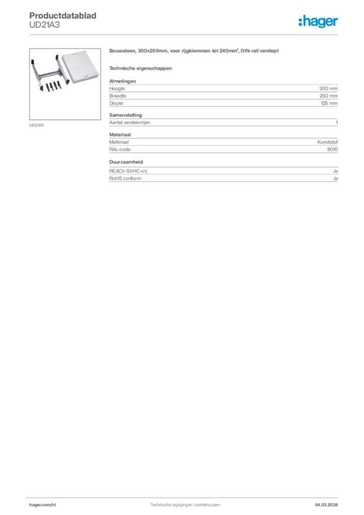 Afbeelding Hager Productdatablad UD21A3 | Hager Nederland