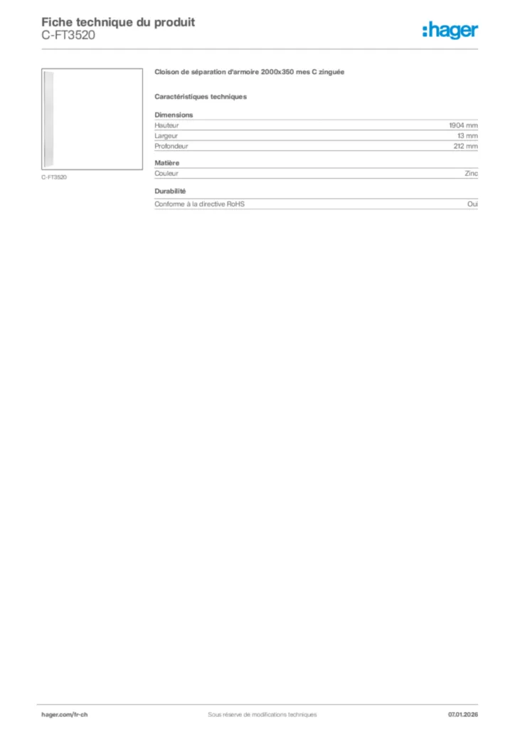 Image Hager Fiche technique du produit C-FT3520 | Hager Suisse