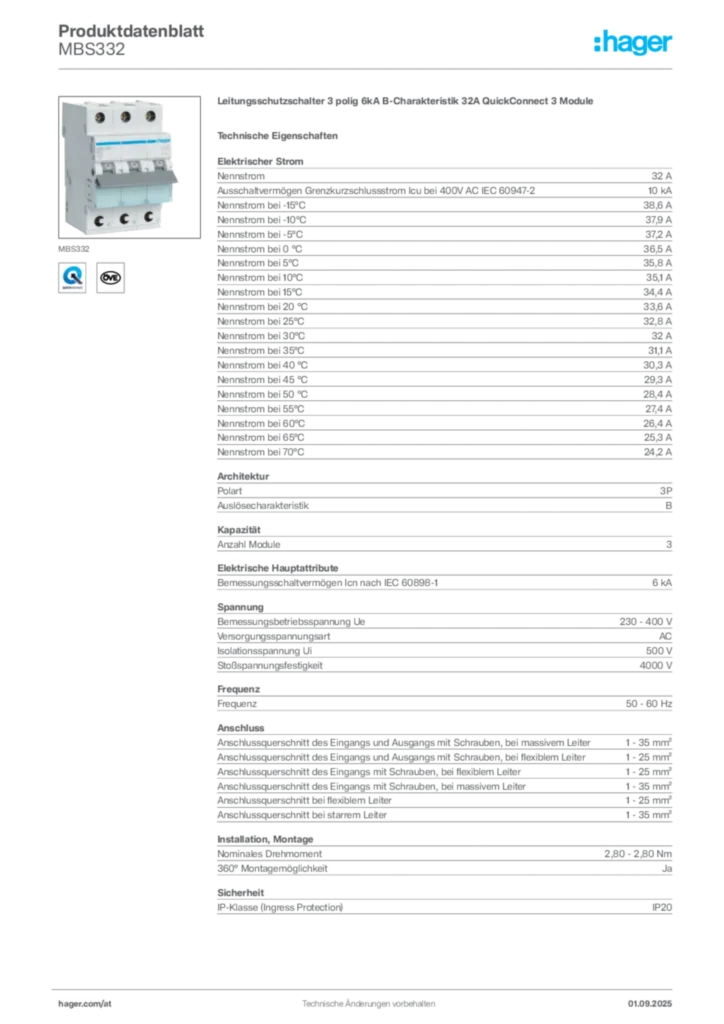 Bild Hager Produktdatenblatt MBS332 | Hager Deutschland