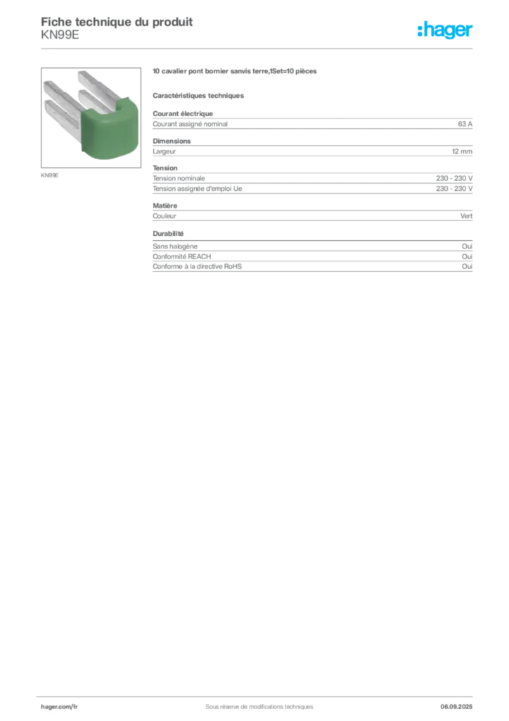 Image Hager Fiche technique du produit KN99E | Hager France