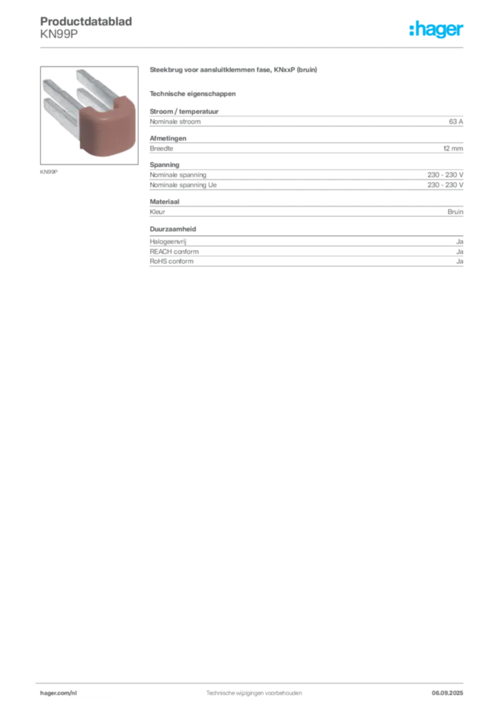 Afbeelding Hager Productdatablad KN99P | Hager Nederland