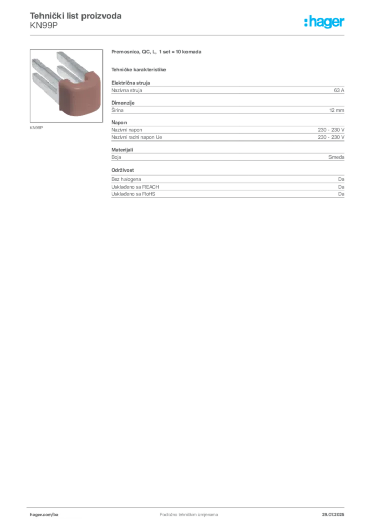 Slika Hager Product data sheet KN99P  | Hager
