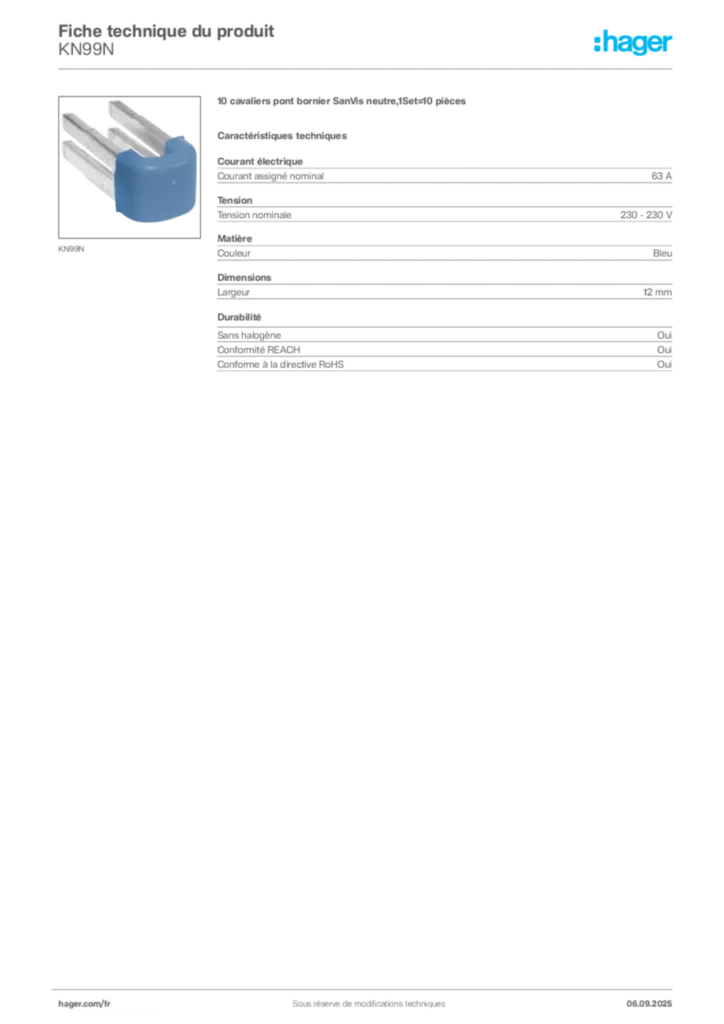 Image Hager Fiche technique du produit KN99N | Hager France