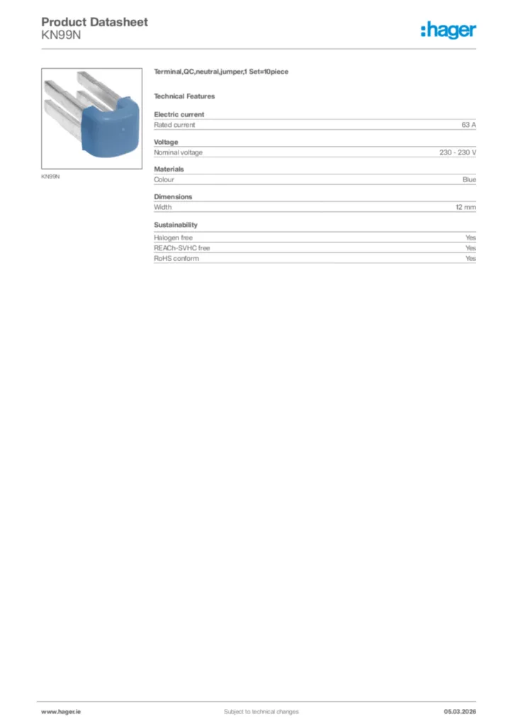 Image Hager Product data sheet KN99N  | Hager