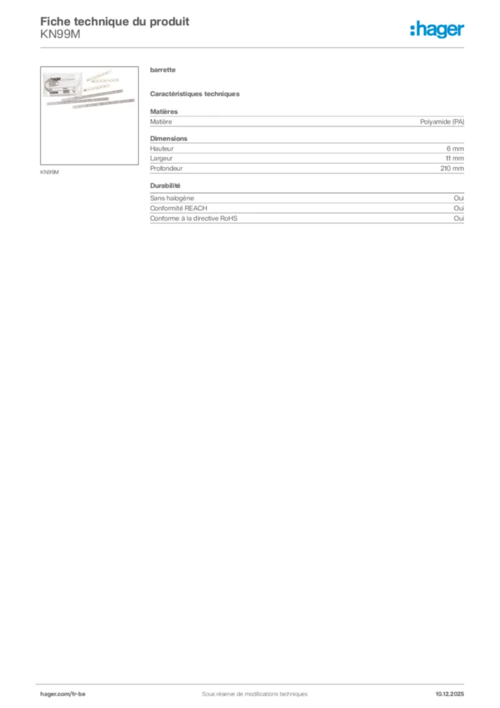 Image Hager Fiche technique du produit KN99M | Hager Belgique