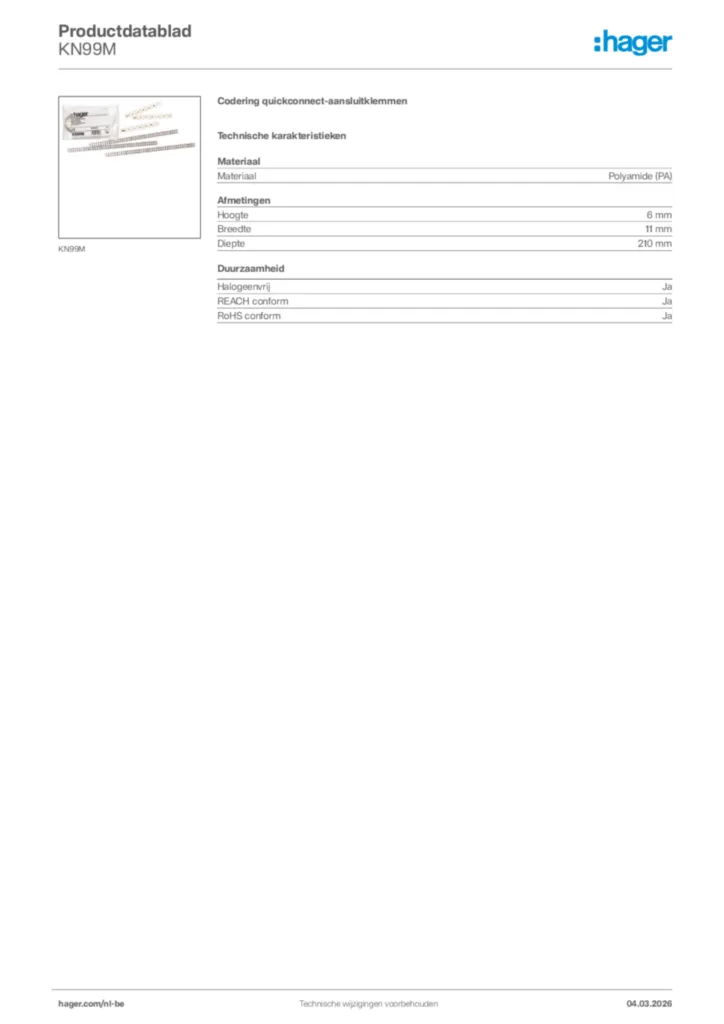 Afbeelding Hager Productdatablad KN99M | Hager Belgium