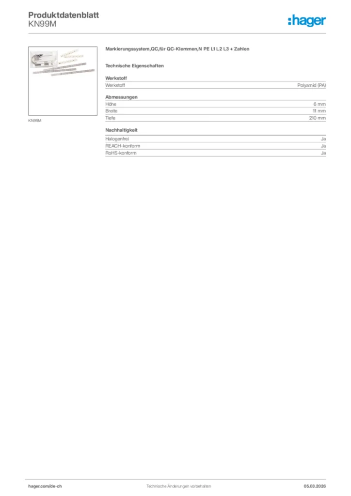 Bild Hager Produktdatenblatt KN99M | Hager Schweiz