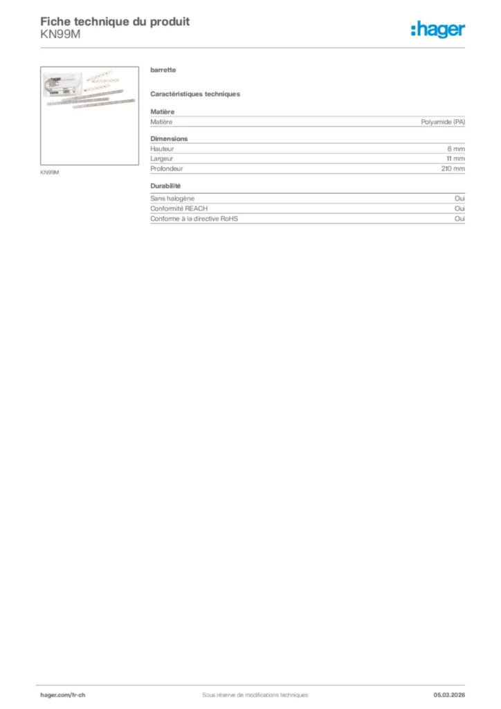 Image Hager Fiche technique du produit KN99M | Hager Suisse