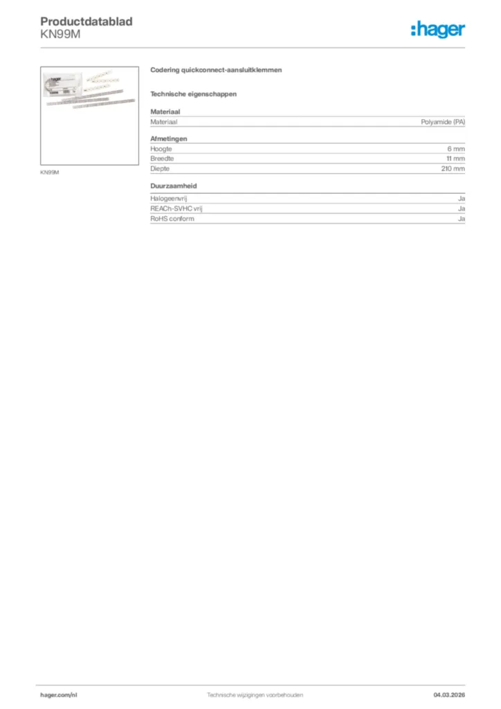 Afbeelding Hager Productdatablad KN99M | Hager Nederland