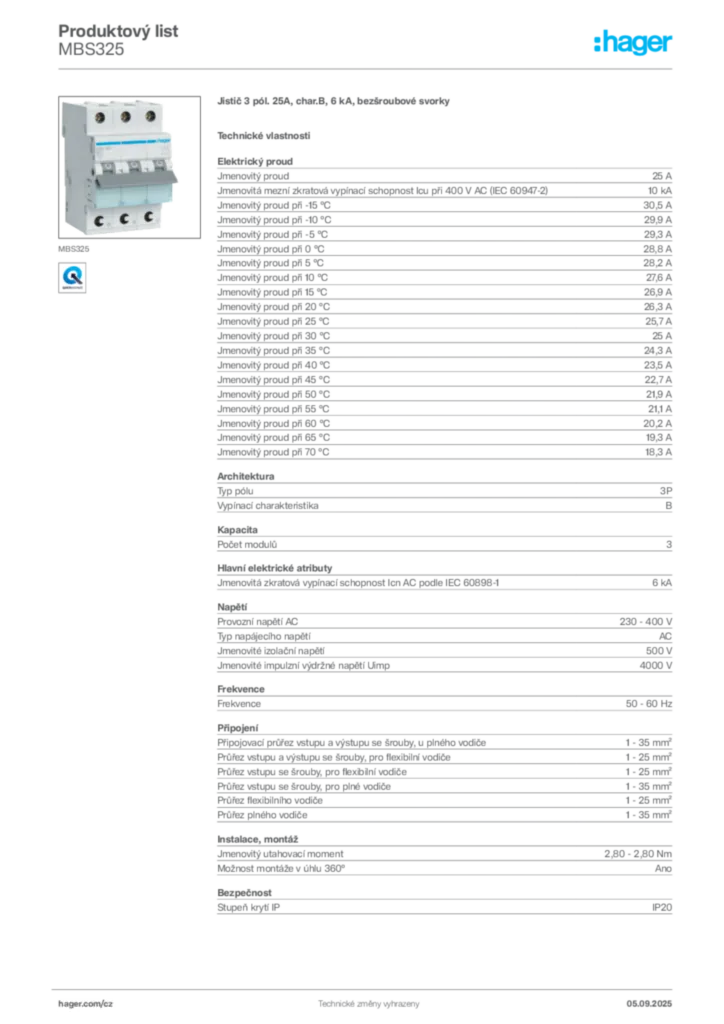 Obrázek Hager Produktový list MBS325 | Hager