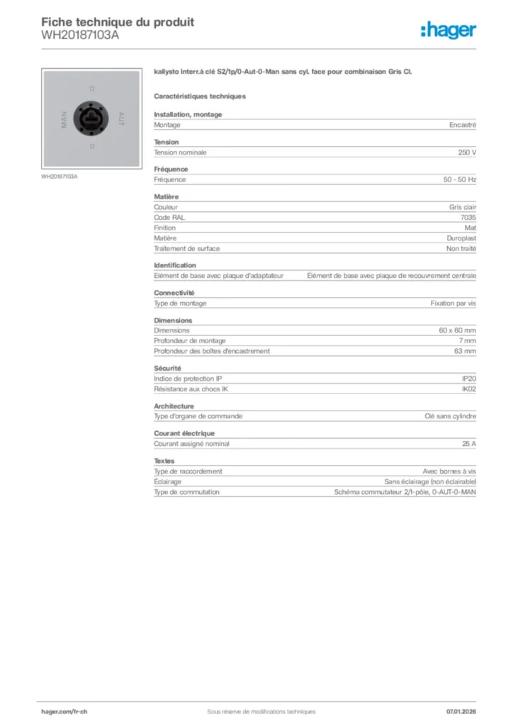 Image Hager Fiche technique du produit WH20187103A | Hager Suisse