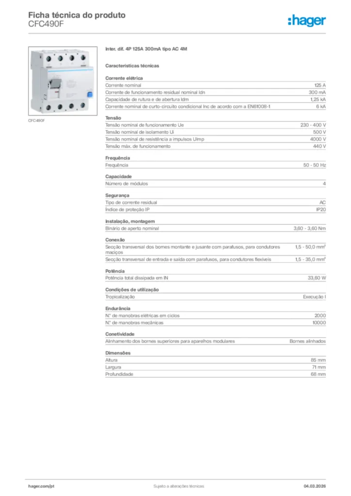 Imagem Hager Ficha técnica do produto CFC490F | Hager Portugal