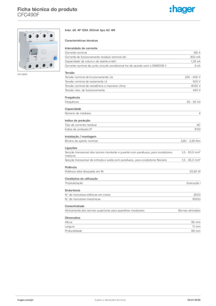 Imagem Hager Ficha técnica do produto CFC490F | Hager Portugal