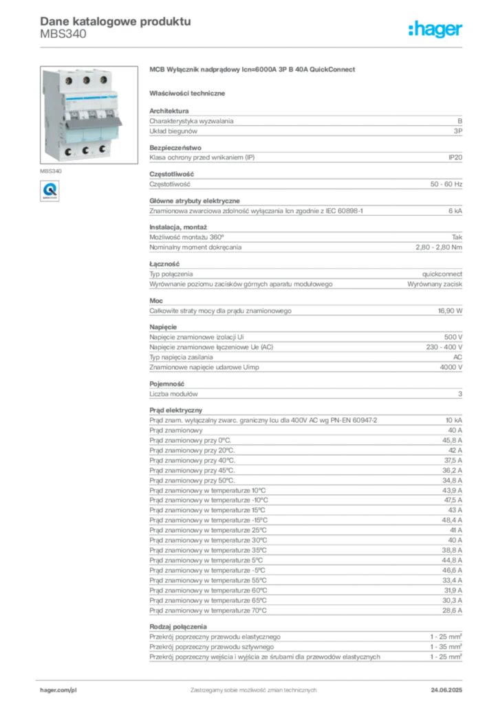 Zdjęcie Hager Dane katalogowe produktu MBS340 | Hager Polska