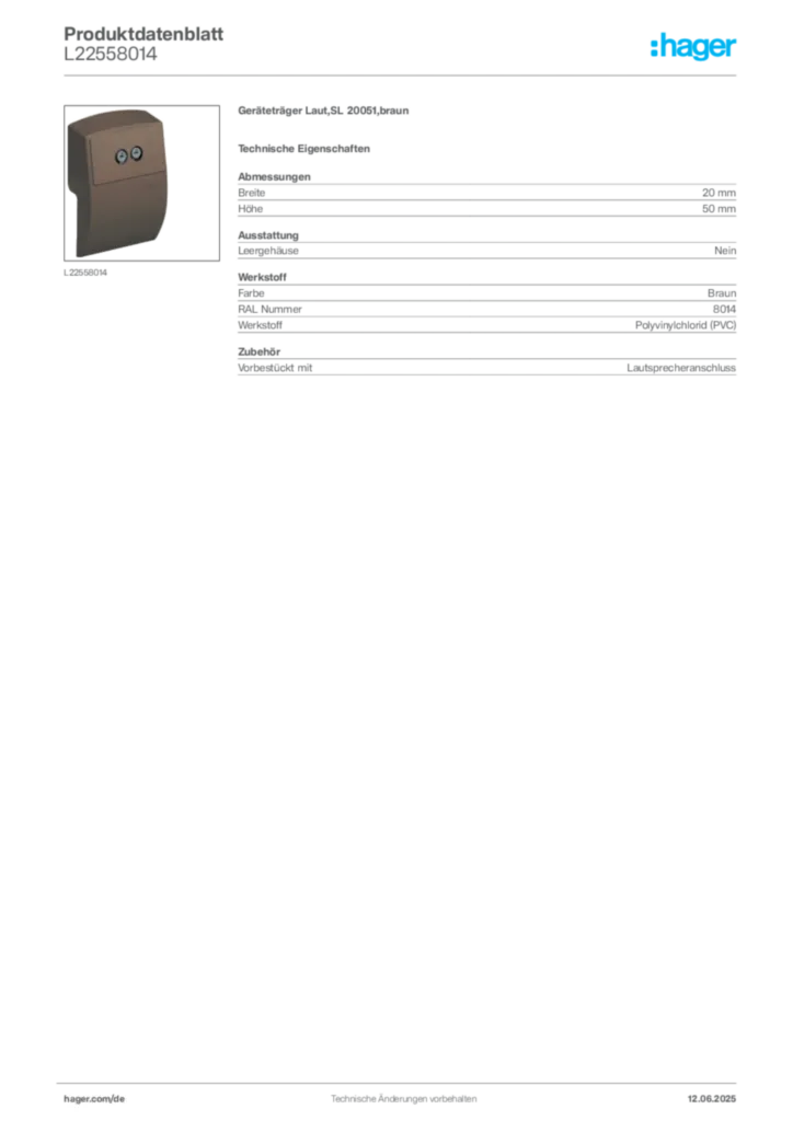 Bild Hager Produktdatenblatt L22558014 | Hager Deutschland