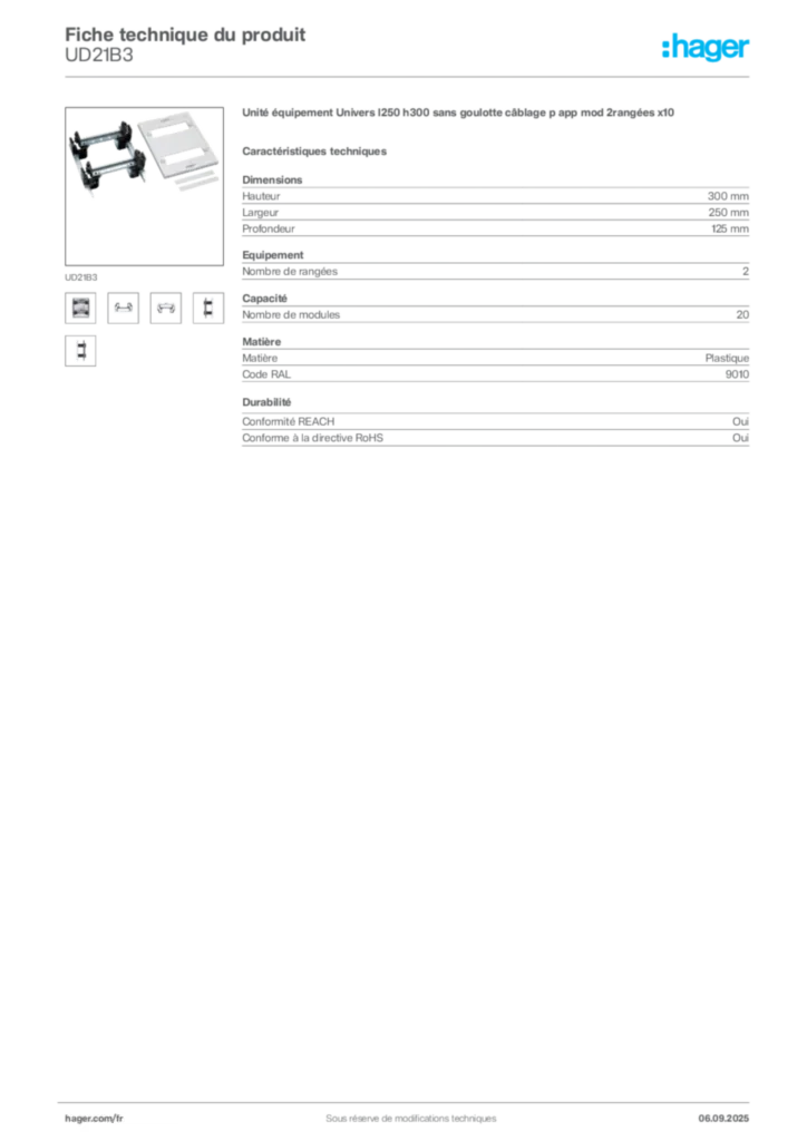 Image Hager Fiche technique du produit UD21B3 | Hager France