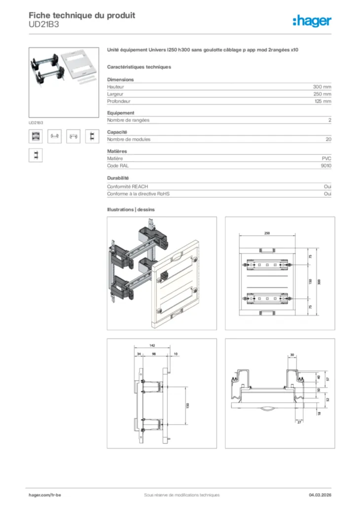 Image Hager Fiche technique du produit UD21B3 | Hager Belgique