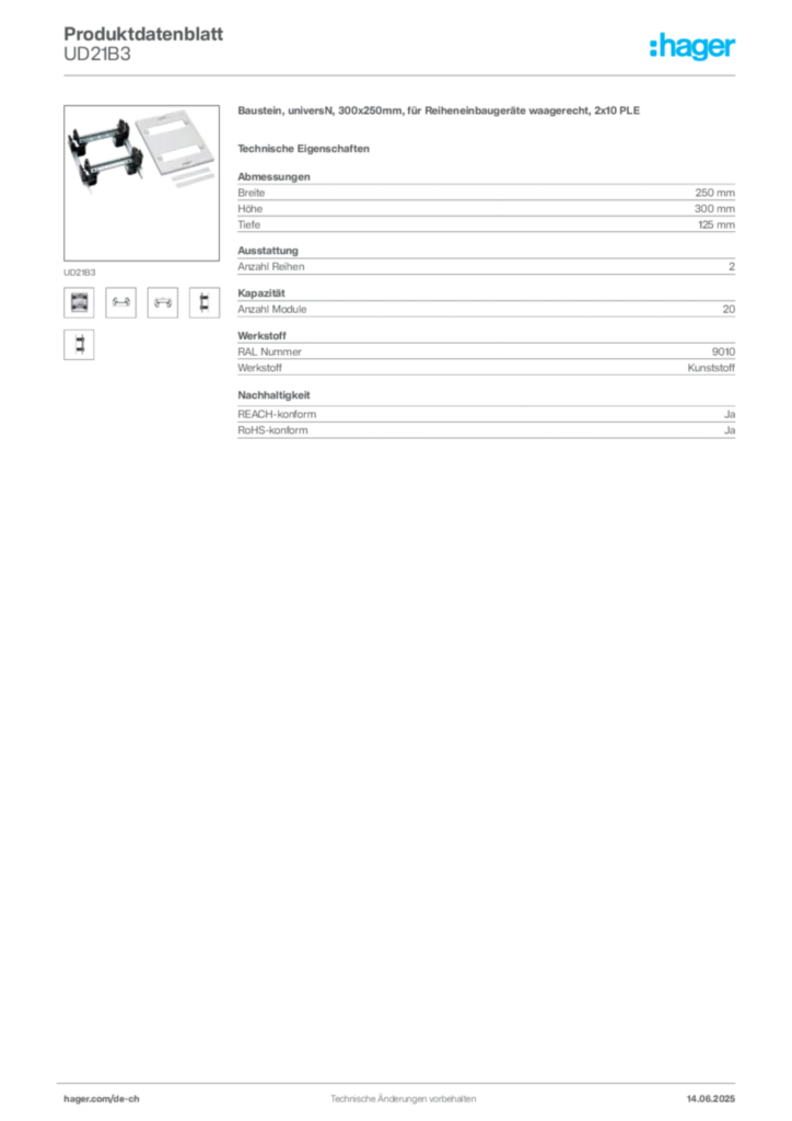 Bild Hager Produktdatenblatt UD21B3 | Hager Schweiz