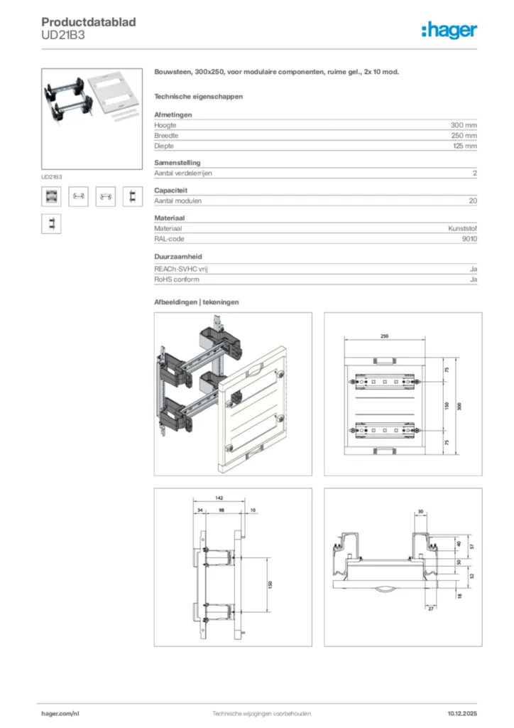 Afbeelding Hager Productdatablad UD21B3 | Hager Nederland
