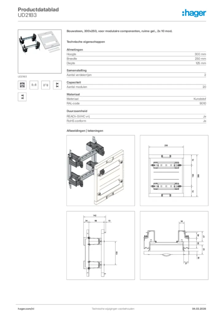 Afbeelding Hager Productdatablad UD21B3 | Hager Nederland