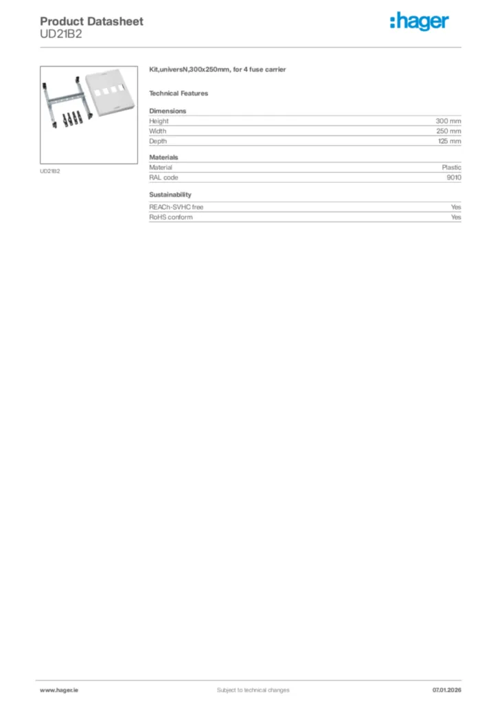 Image Hager Product data sheet UD21B2  | Hager