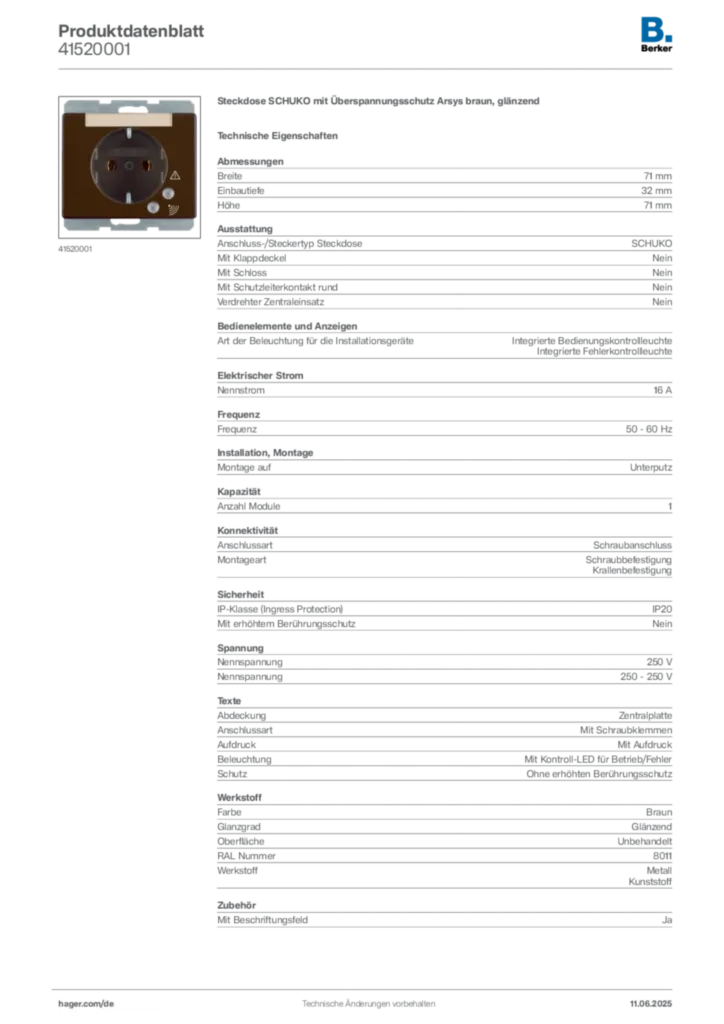 Bild Berker Produktdatenblatt 41520001 | Hager Deutschland