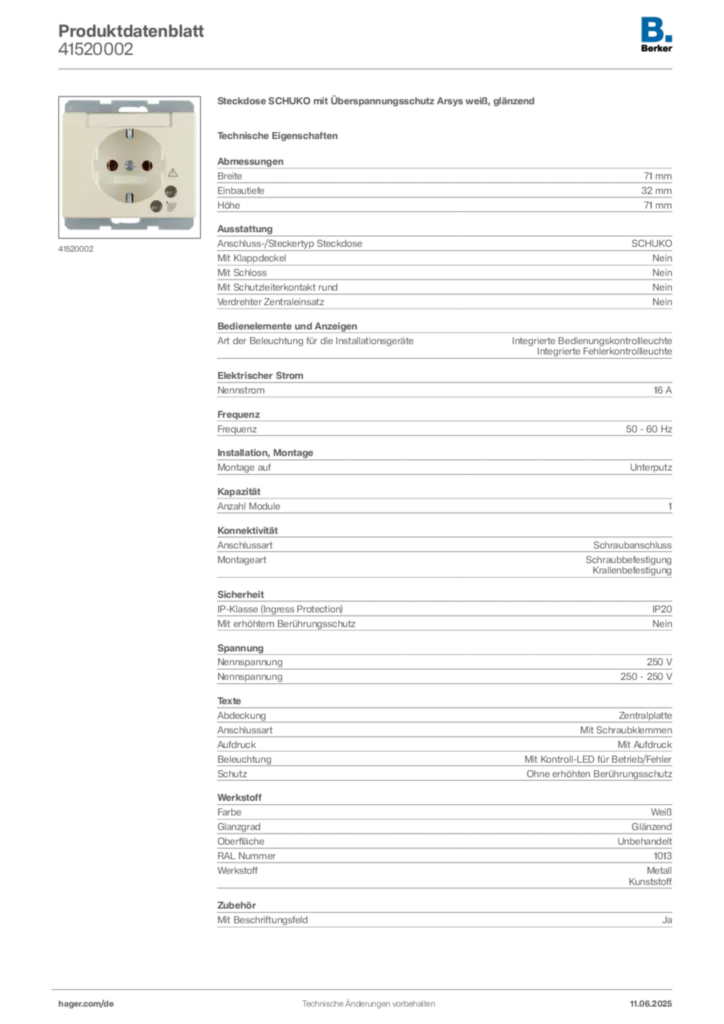 Bild Berker Produktdatenblatt 41520002 | Hager Deutschland