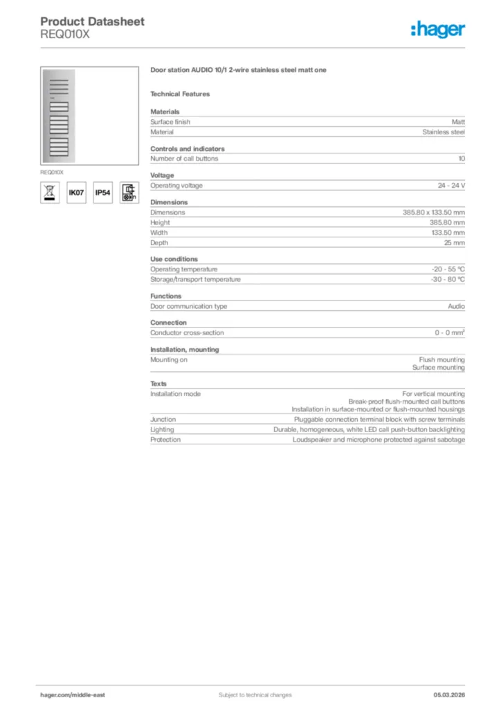 Image Hager Product data sheet REQ010X  | Hager
