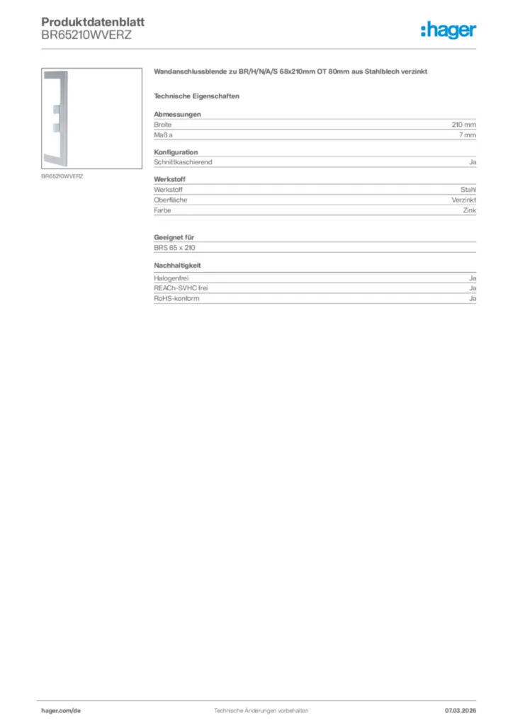 Bild Hager Produktdatenblatt BR65210WVERZ | Hager Deutschland