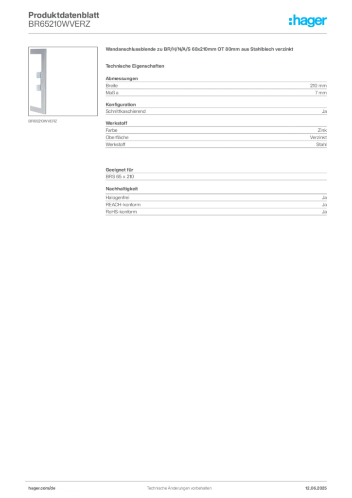 Bild Hager Produktdatenblatt BR65210WVERZ | Hager Deutschland